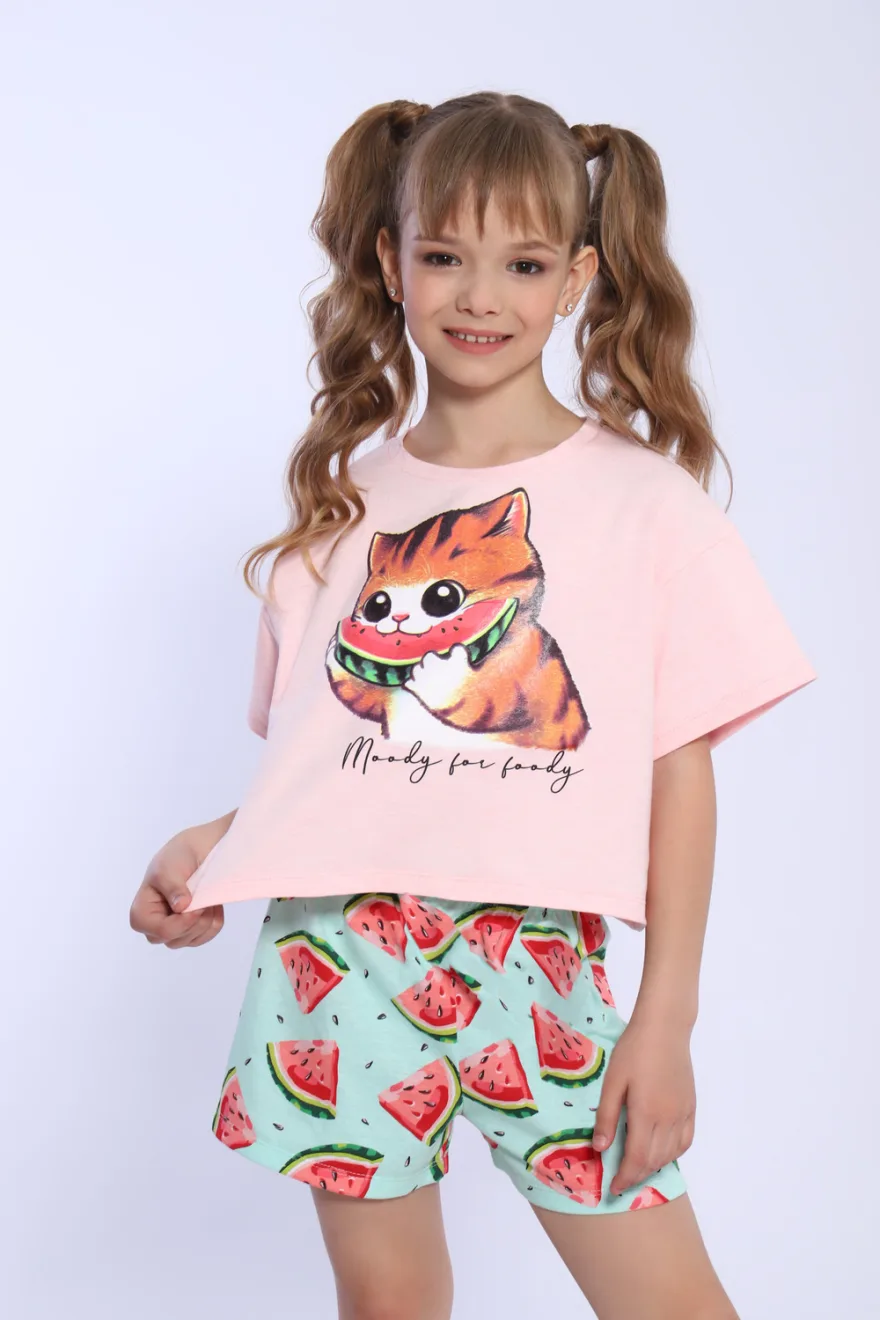 Пижама с шортами для девочки Кот-арбуз арт ПД-019-067
