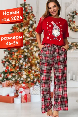 Женская пижама с брюками гномы красный
